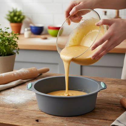 Versement pâte gâteau dans moules ronds silicone