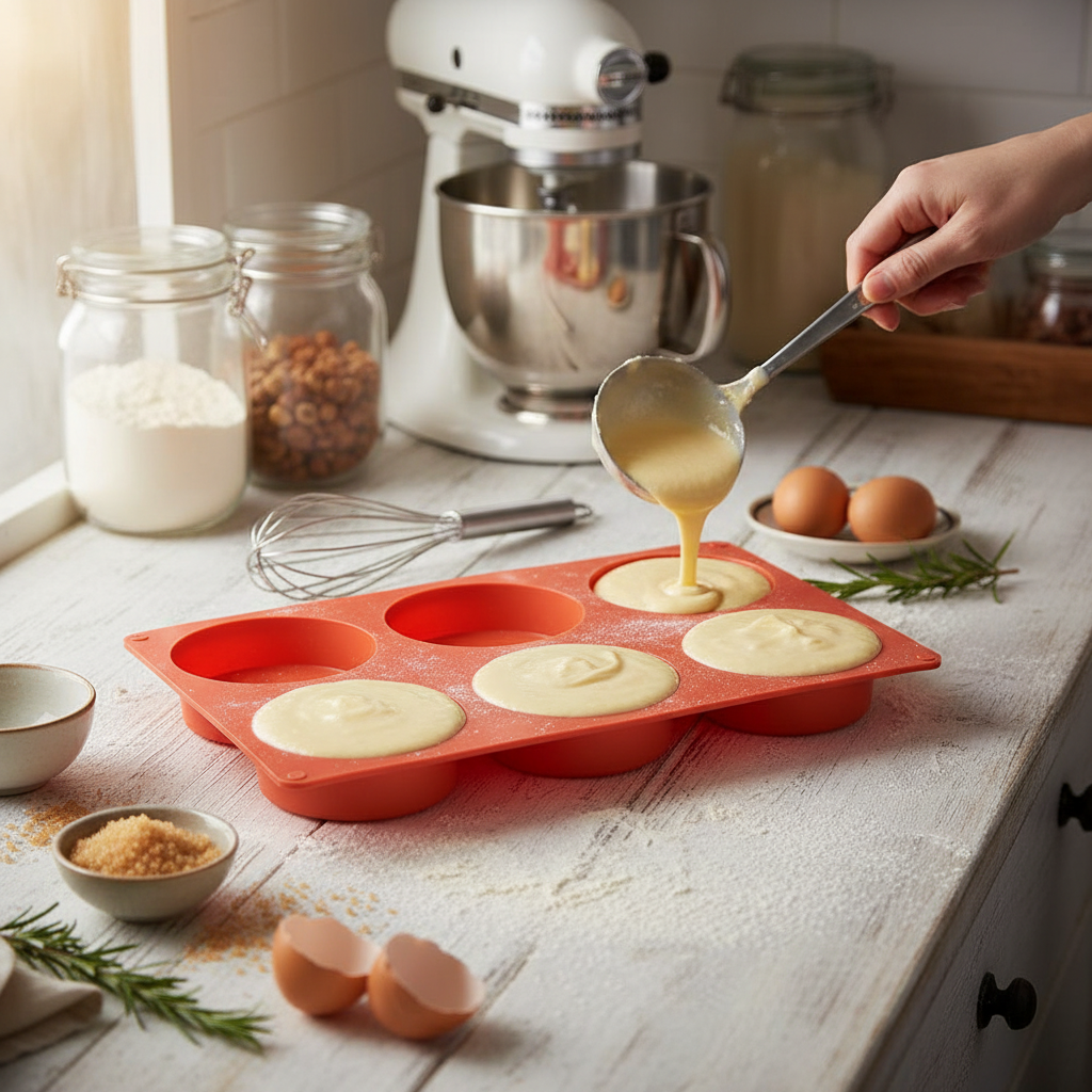 versement pâte pâtisserie dans moule en silicone rond