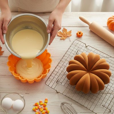 Versement pâte dans moule citrouille antiadhésif professionnel
