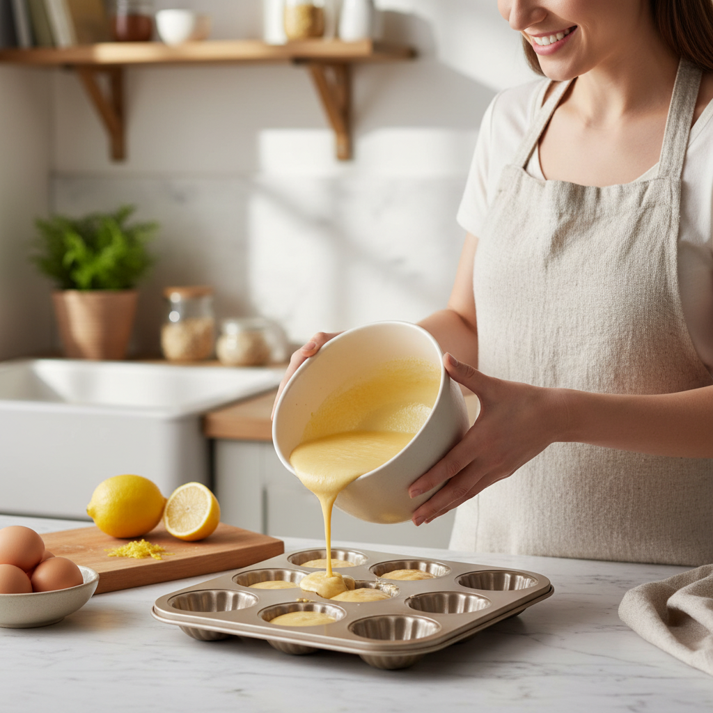 Femme verse pâte dans Moule à Madeleine Inox dans cuisine