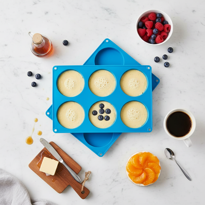 Moule en silicone rond bleu pâte pancakes petit-déjeuner préparation