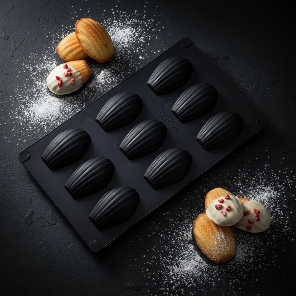 Moule Silicone Madeleine sur table noir avec madeleine