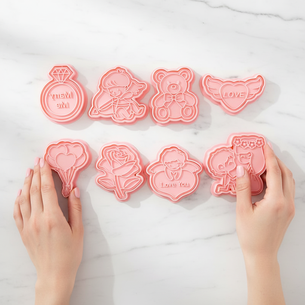 Mains touchant Emporte piece pour biscuits sur table marbre 