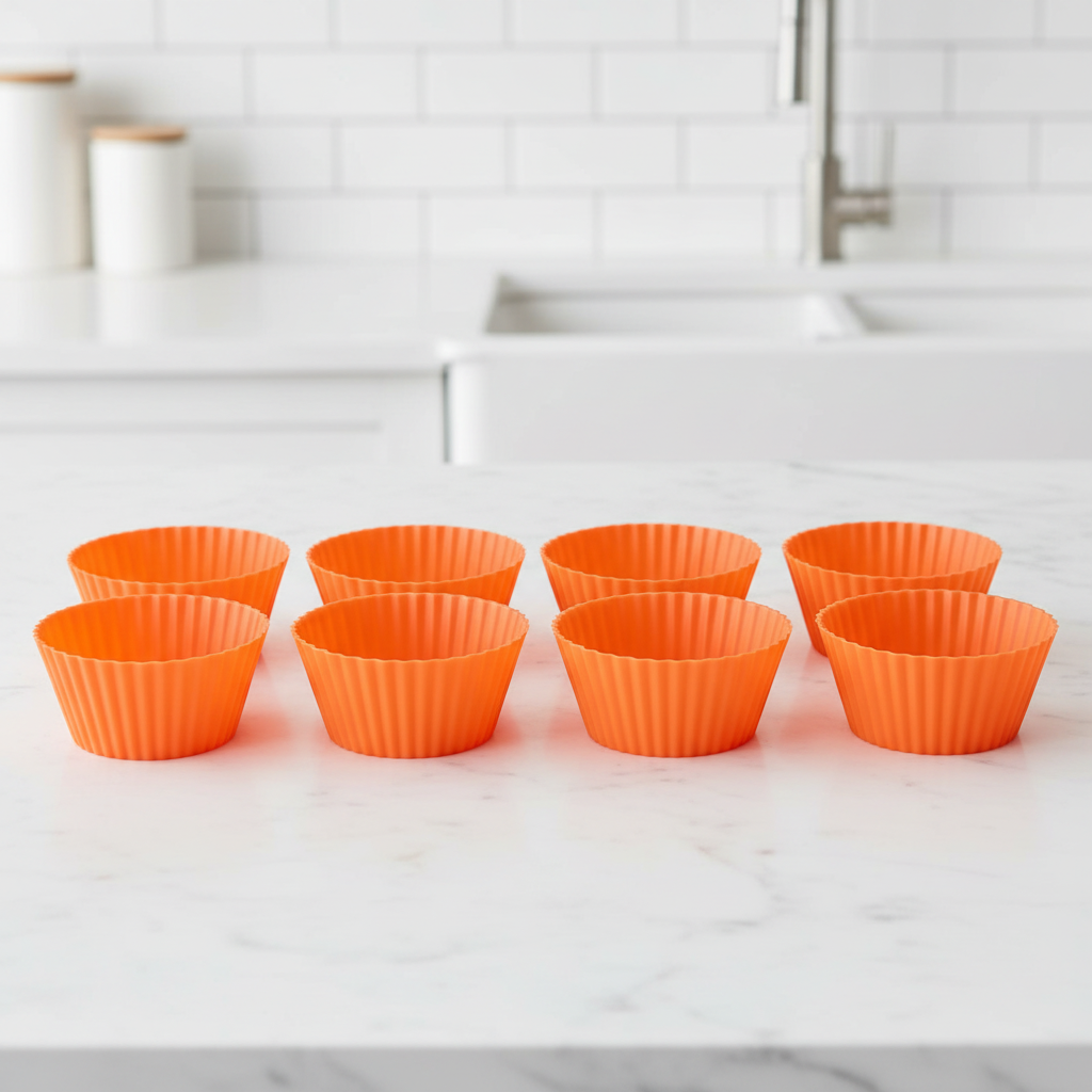 10 Moule Cupcake Silicone orange sur plan travail cuisine 